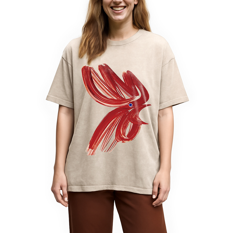 Modecanvas Calligraphy Art Chicken DTG Printing Washed T-Shirt
