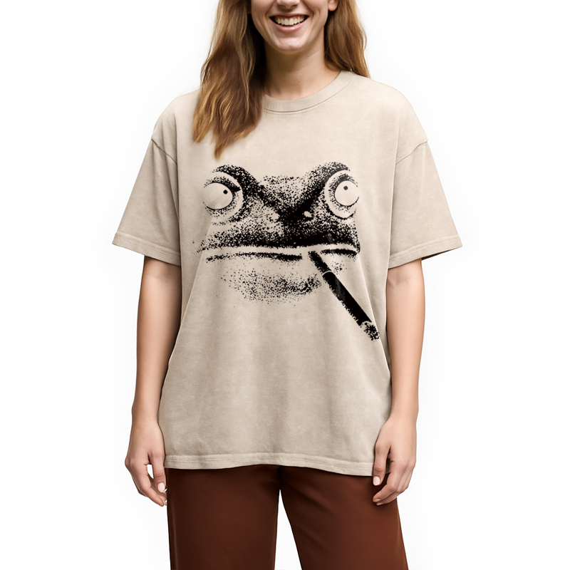 Modecanvas Vintage Smoking Frog DTG Printing Washed T-Shirt