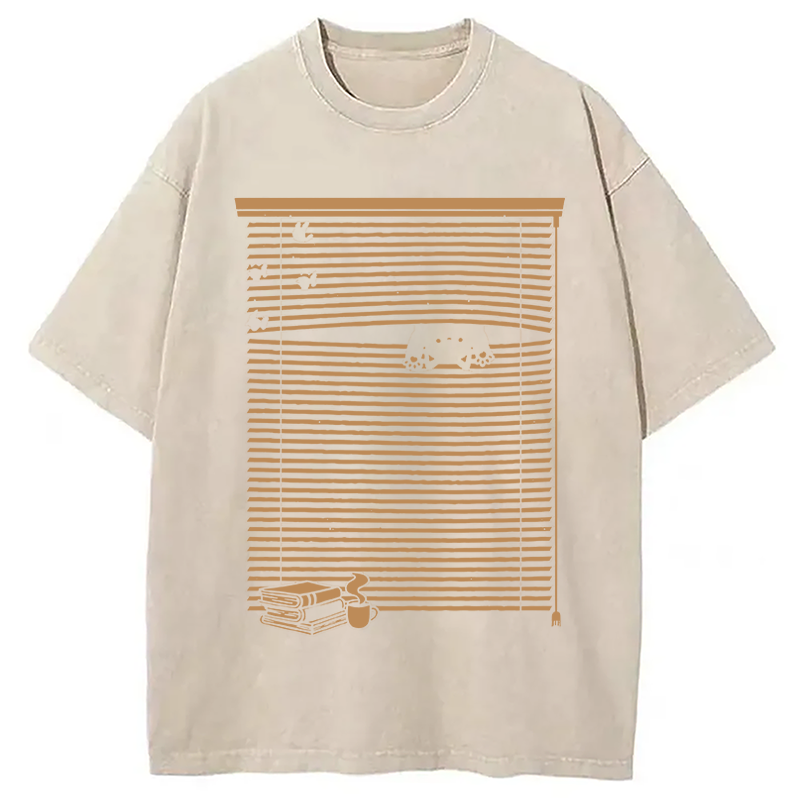 Modecanvas Spying Black Cat DTG Printing Washed T-Shirt