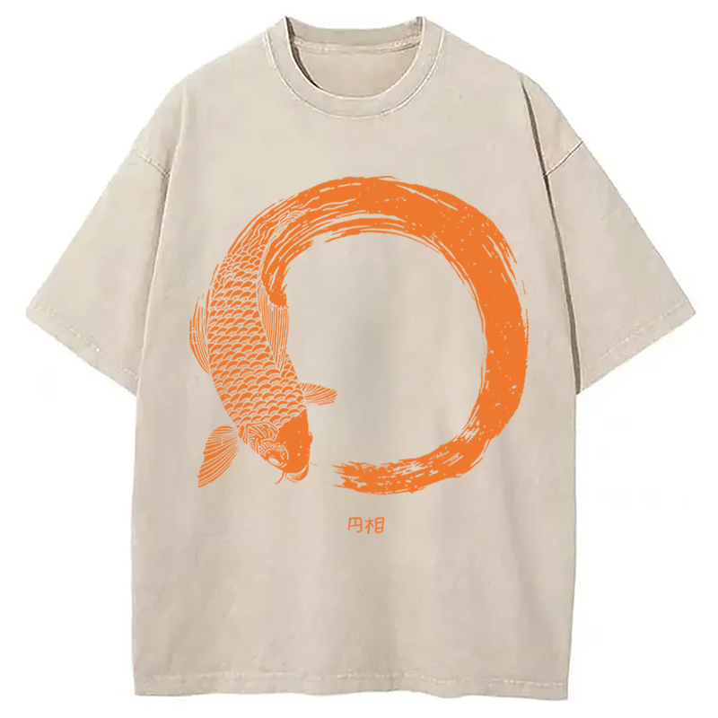 Modecanvas Orange Koi Fish Circle DTG Printing Washed T-Shirt