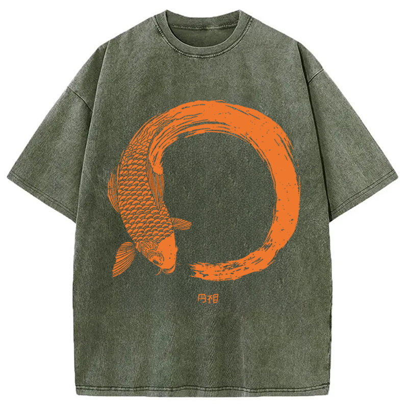 Modecanvas Orange Koi Fish Circle DTG Printing Washed T-Shirt