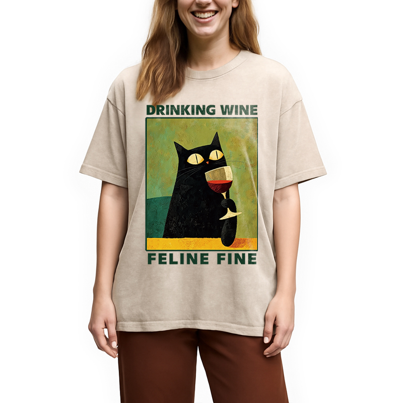 Modecanvas Drinking Wine Feline Wine DTG Printing Washed T-Shirt