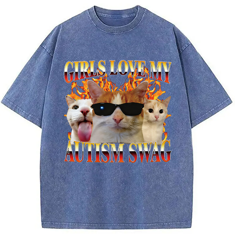 Modecanvas Girls Love My Autism Swag Funny Cat Meme DTG Printing Washed T-Shirt