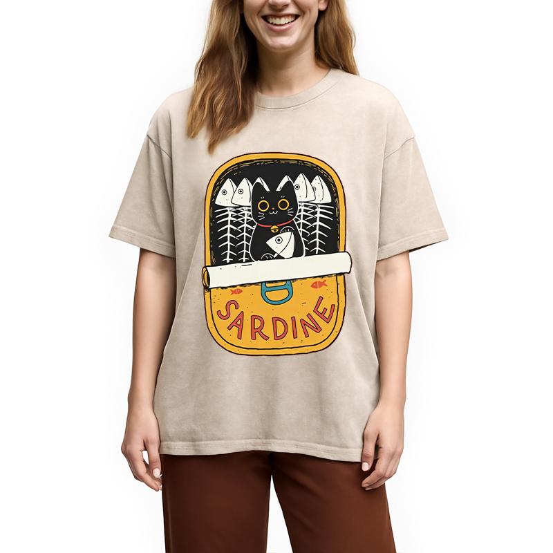 Modecanvas Sardine and Cat DTG Printing Washed T-Shirt