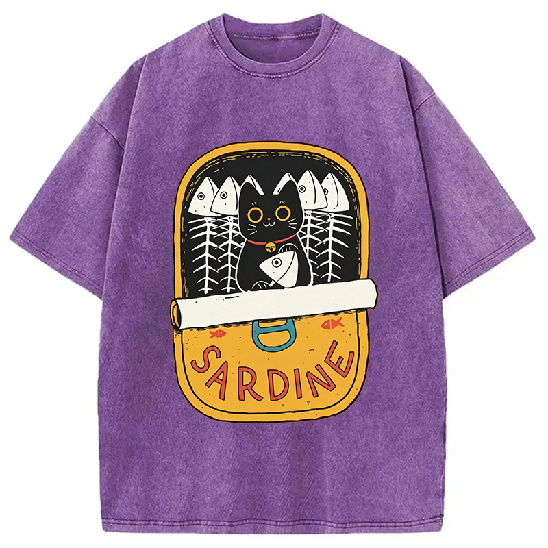 Modecanvas Sardine and Cat DTG Printing Washed T-Shirt