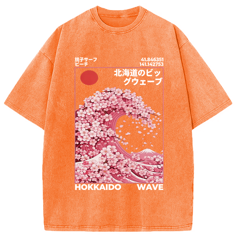 Modecanvas Hokkaido Wave Sakura Washed T-Shirt-modecanvas