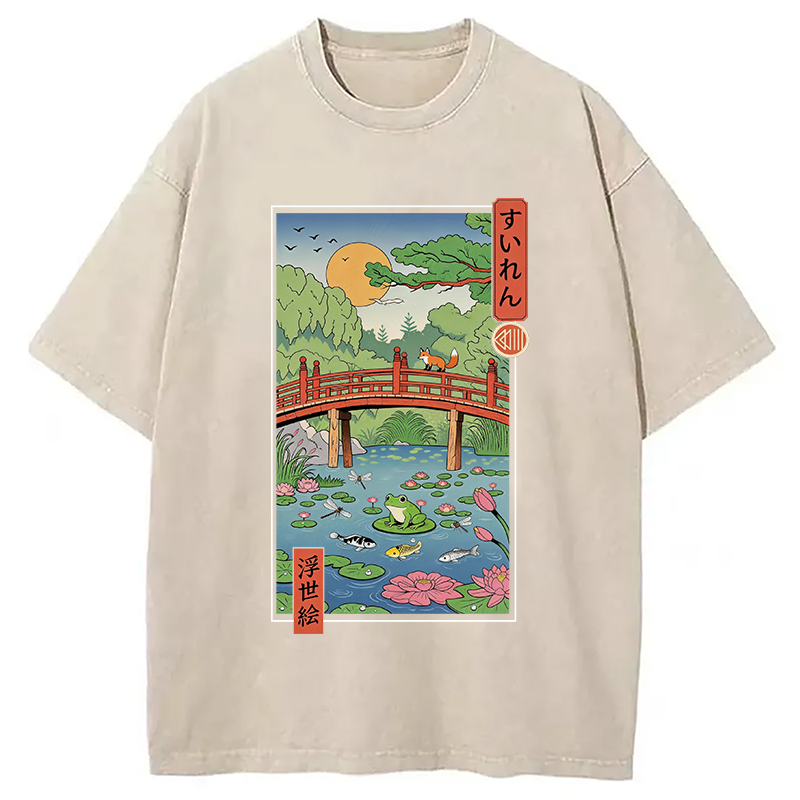 Modecanvas Water Lilies Ukiyo-e DTG Printing Washed T-Shirt