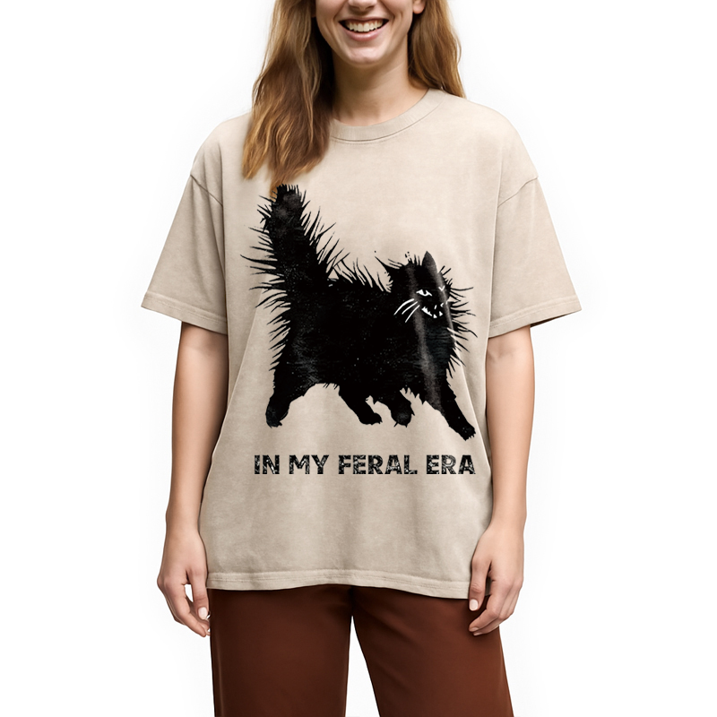 Modecanvas Wild Black Cat DTG Printing Washed T-Shirt