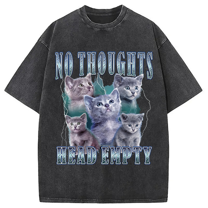Modecanvas No Toughts Head Empty Funny Cat Meme DTG Printing Washed T-Shirt
