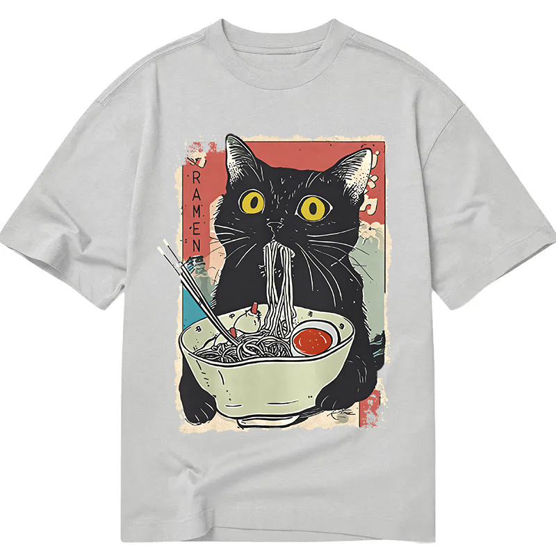 Modecanvas Cute Cat Eating Ramen DTG Printing Classic T-Shirt-modecanvas