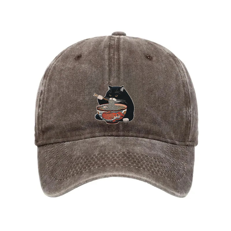 Modecanvas Fat Cat Eating Ramen Washed Cap-modecanvas