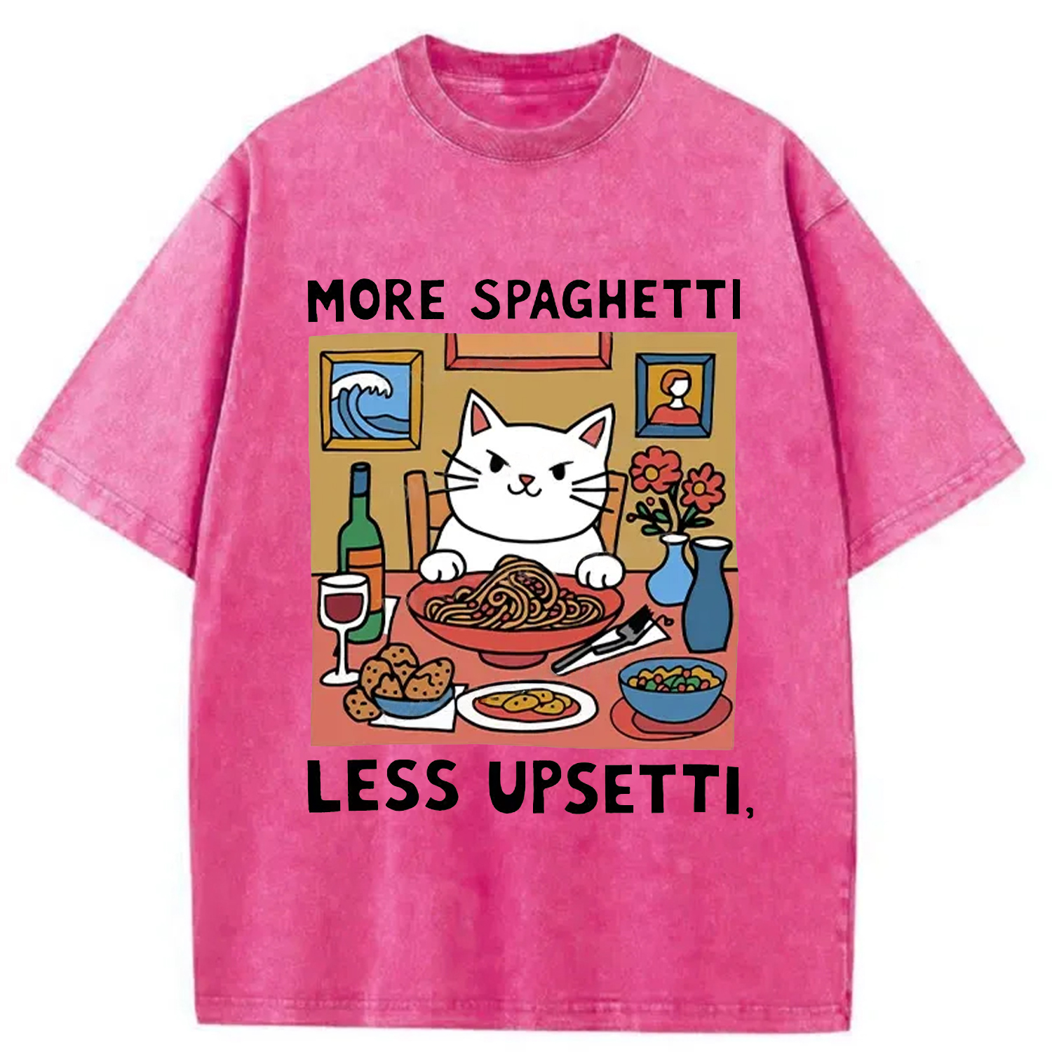 Modecanvas Cat Eating Spaghetti Washed T-Shirt