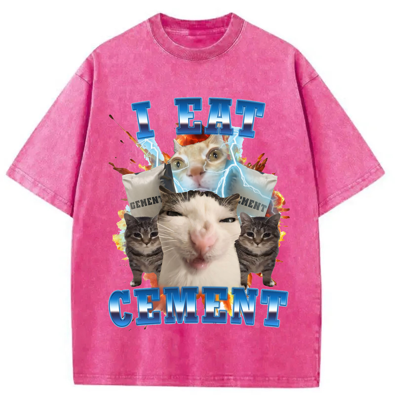 Modecanvas I Eat Cement Funny Cat Meme Washed T-Shirt-modecanvas