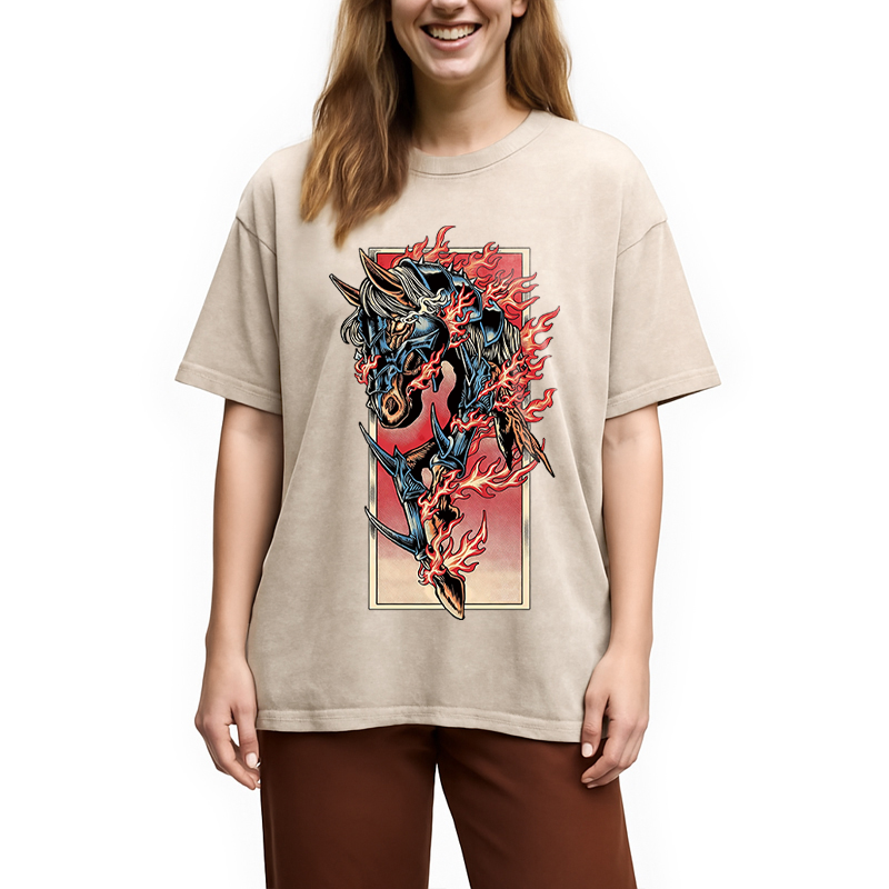 Modecanvas Fire Horse Year DTG Printing Washed T-Shirt