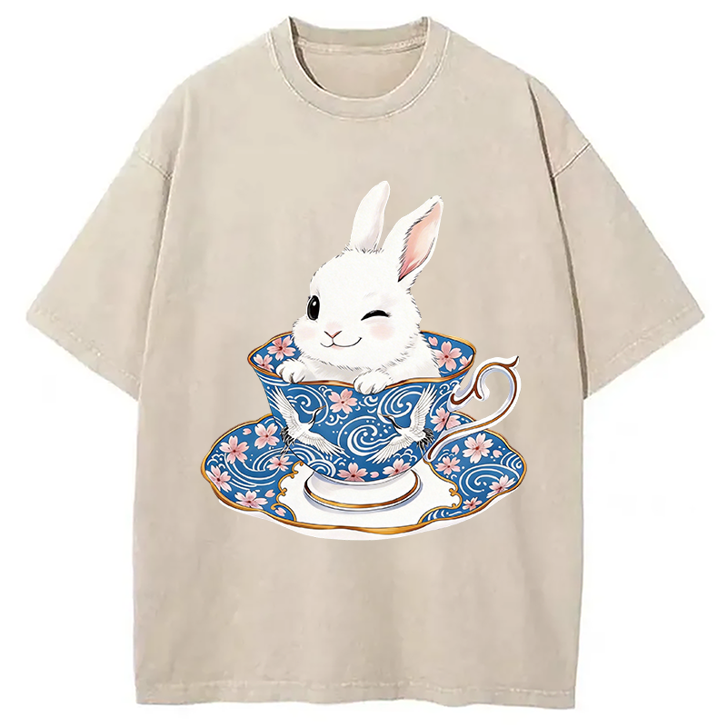 Modecanvas Cute Rabbit Tea Set DTG Printing Washed T-Shirt