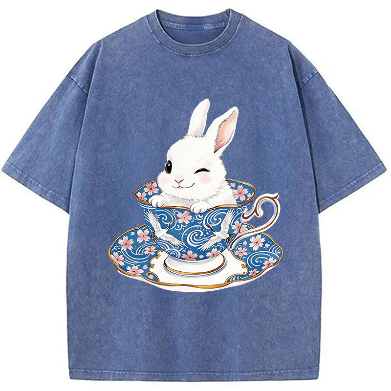 Modecanvas Cute Rabbit Tea Set DTG Printing Washed T-Shirt