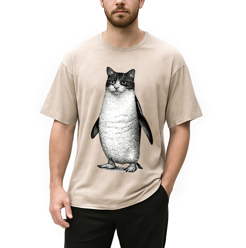 Modecanvas Penguin Cat DTG Printing Washed T-Shirt