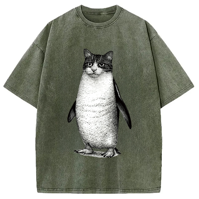 Modecanvas Penguin Cat DTG Printing Washed T-Shirt