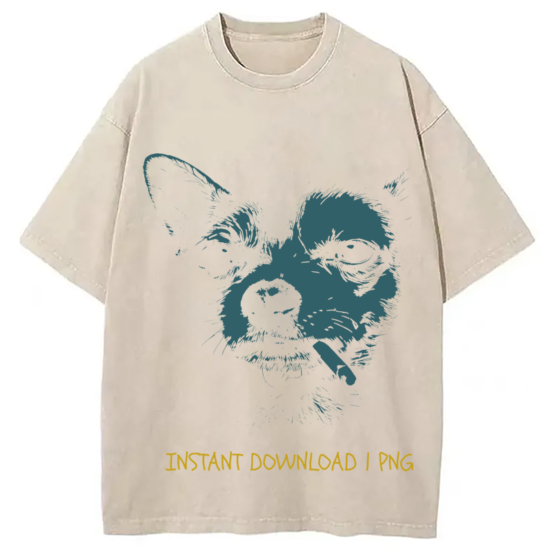 Modecanvas Funny Smoking Chihuahua DTG Printing Washed T-Shirt