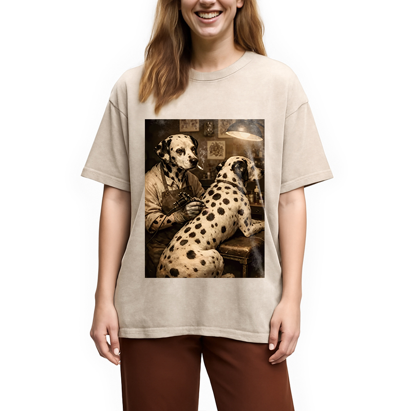 Modecanvas Funny Dalmatian Tattoo Dog DTG Printing Washed T-Shirt