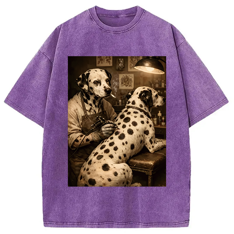 Modecanvas Funny Dalmatian Tattoo Dog DTG Printing Washed T-Shirt