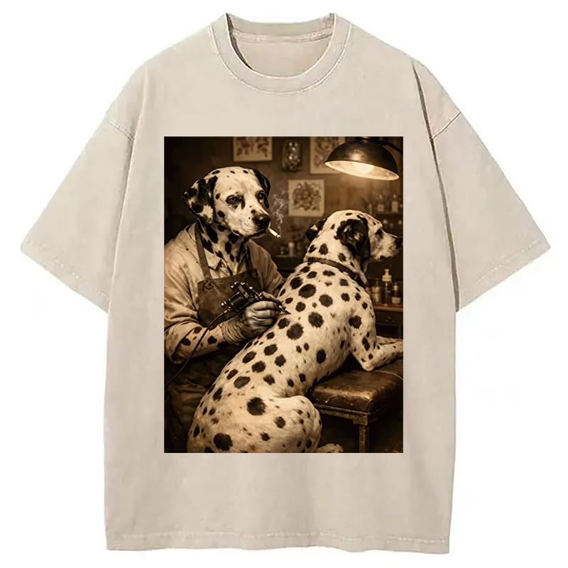 Modecanvas Funny Dalmatian Tattoo Dog DTG Printing Washed T-Shirt
