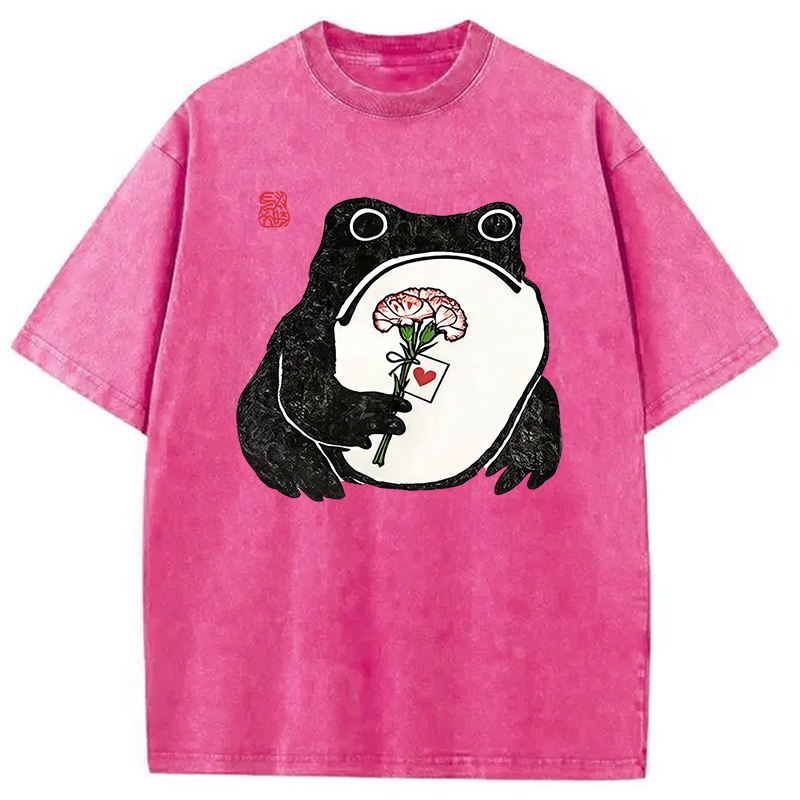 Modecanvas The Frog Holding A Carnation DTG Printing Washed T-Shirt
