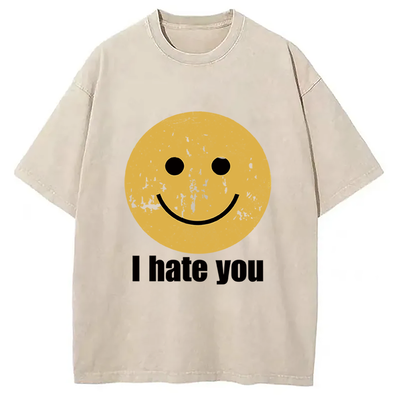 Modecanvas I Hate You Smiley Face Washed T-Shirt-modecanvas