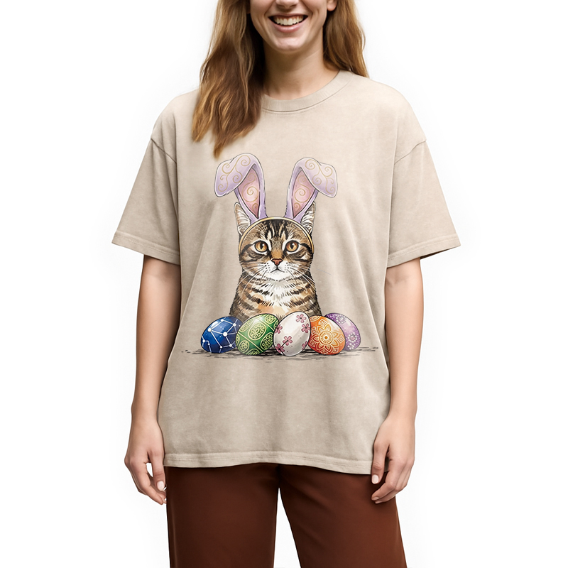 Modecanvas Easter Cat DTG Printing Washed T-Shirt
