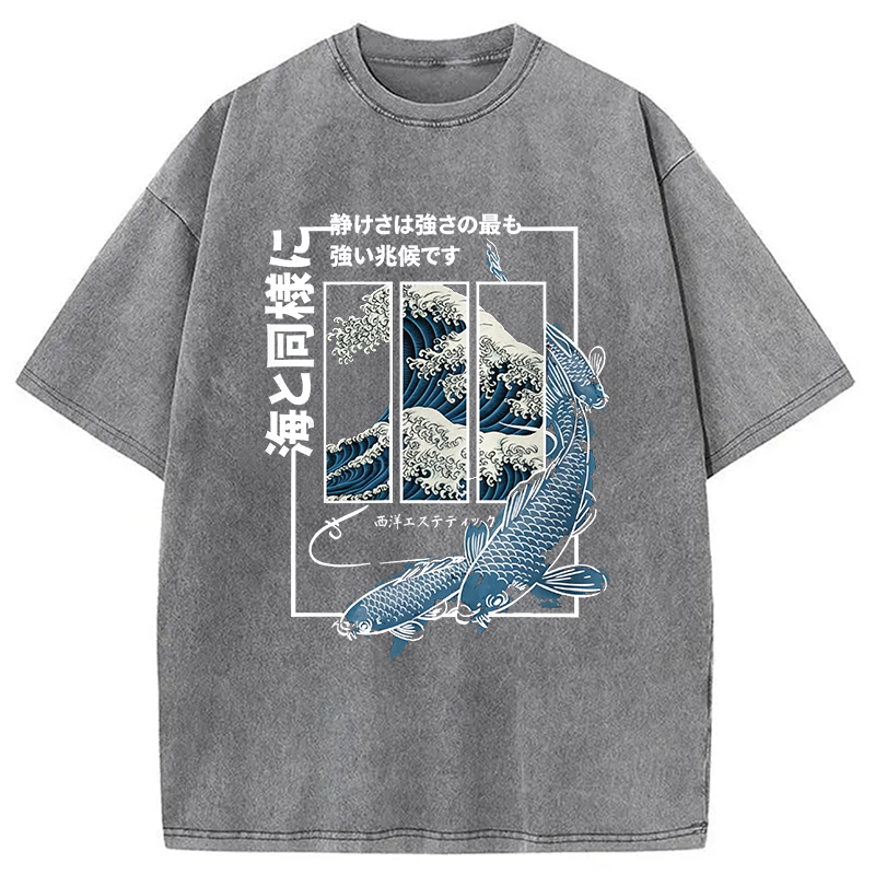 Modecanvas Koi Fish Great Wave DTG Printing Washed T-Shirt