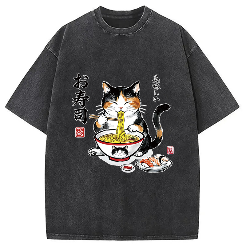 Modecanvas Cats Eat Japanese Food DTG Printing Washed T-Shirt