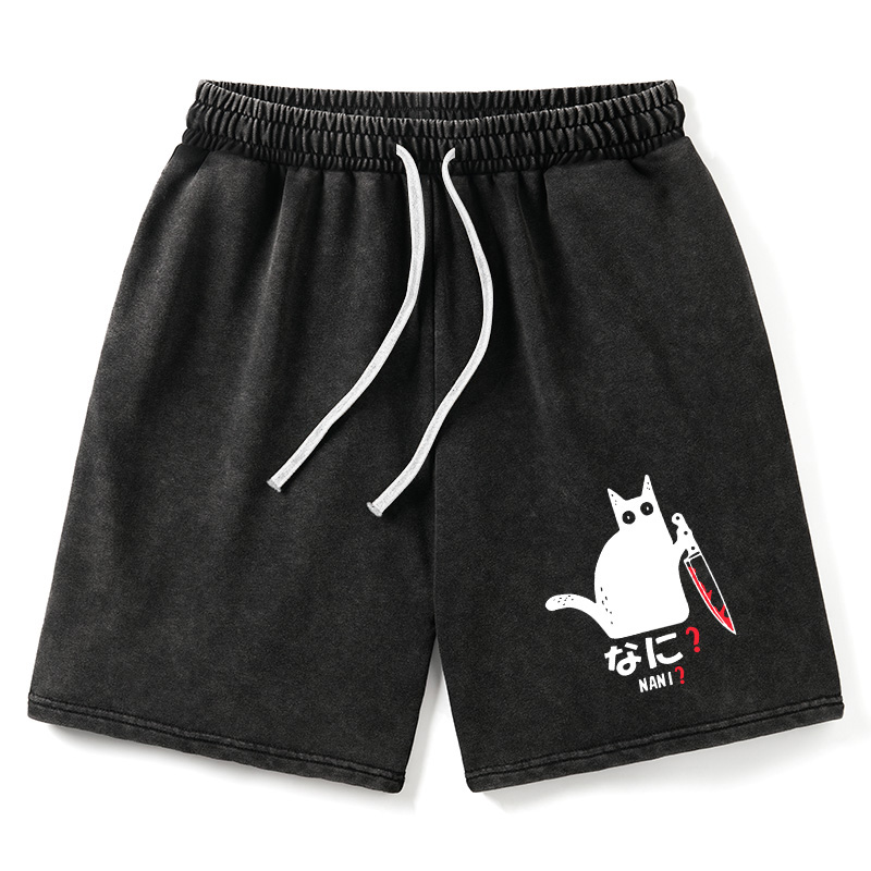 Modecanvas A Puzzled Cat Holding A Knife Washed Shorts