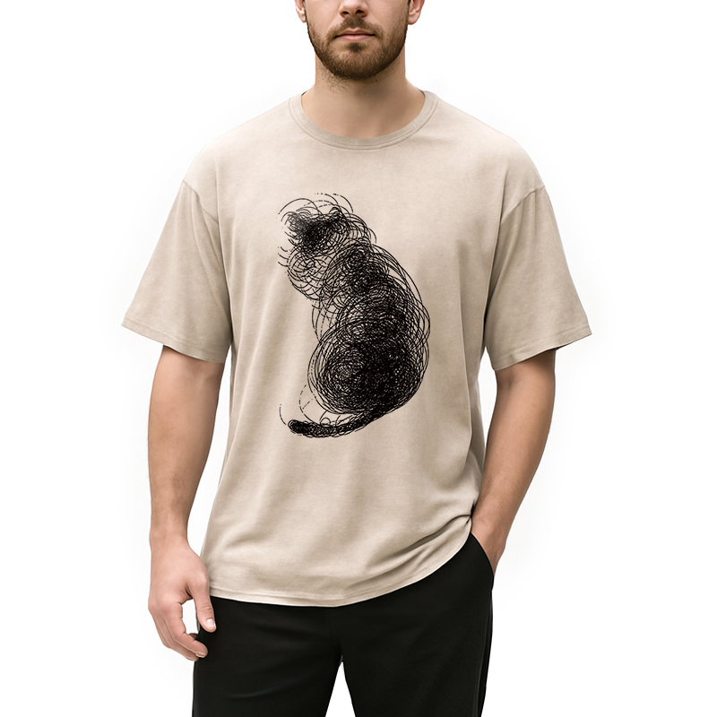 Modecanvas Chaotic Line Art Of A Curled Cat DTG Printing Washed T-Shirt