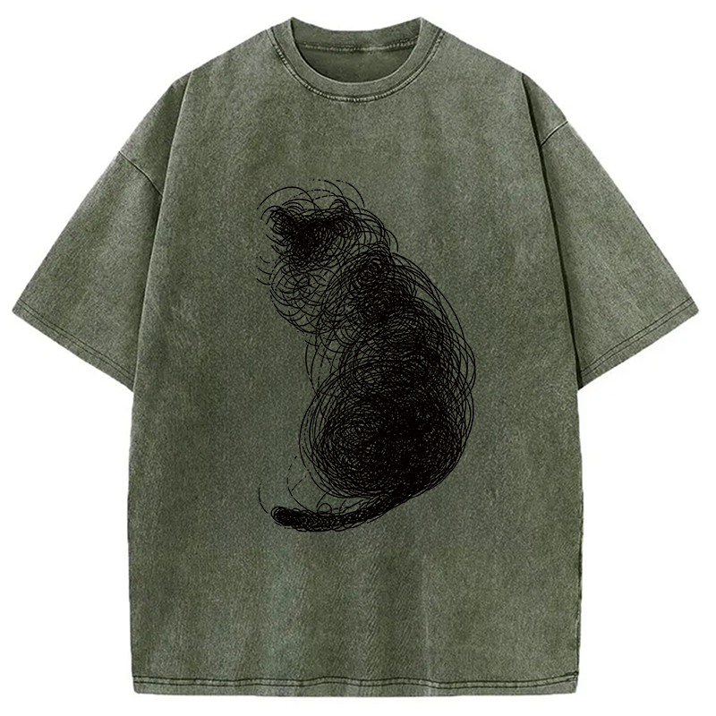 Modecanvas Chaotic Line Art Of A Curled Cat DTG Printing Washed T-Shirt