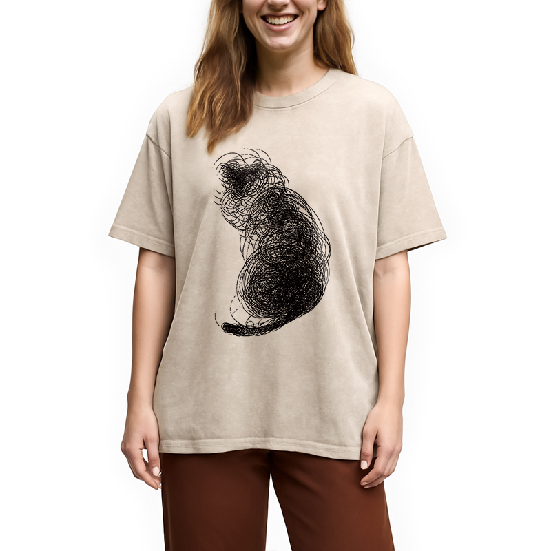 Modecanvas Chaotic Line Art Of A Curled Cat DTG Printing Washed T-Shirt