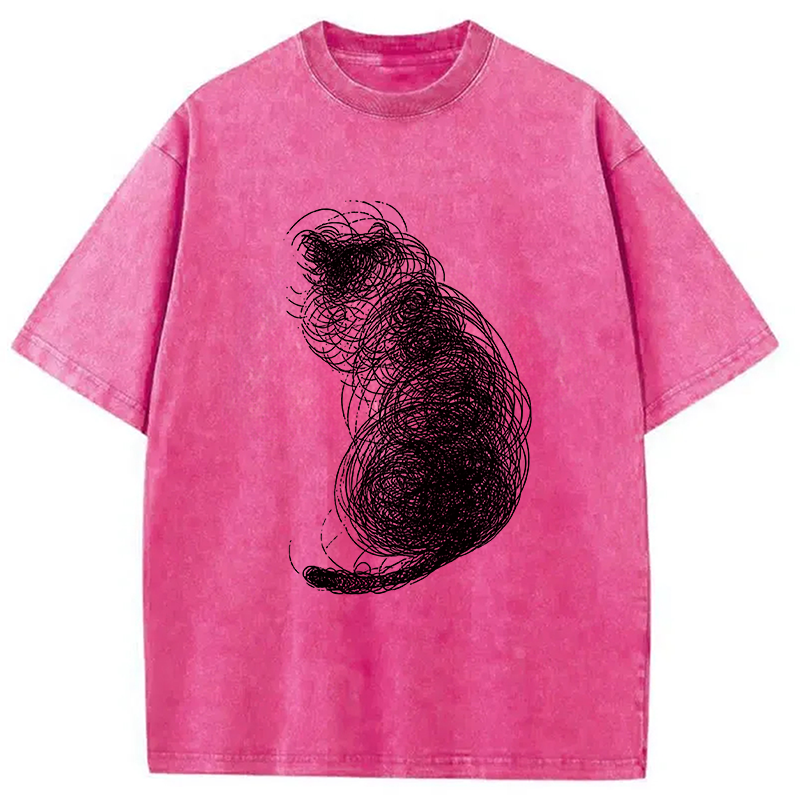 Modecanvas Chaotic Line Art Of A Curled Cat DTG Printing Washed T-Shirt