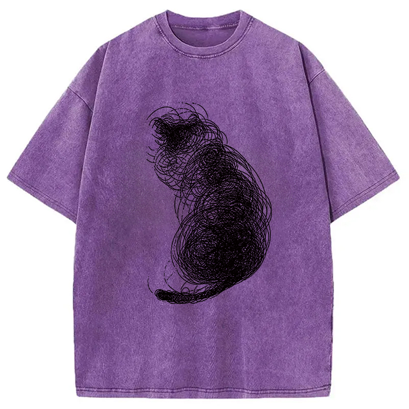 Modecanvas Chaotic Line Art Of A Curled Cat DTG Printing Washed T-Shirt