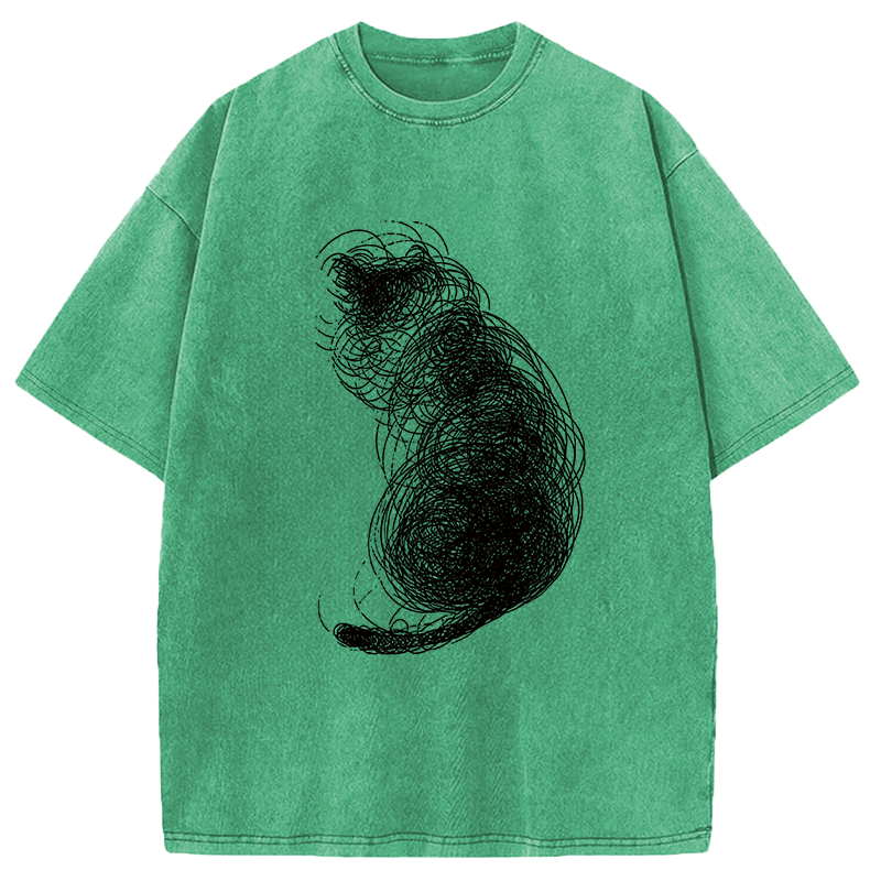 Modecanvas Chaotic Line Art Of A Curled Cat DTG Printing Washed T-Shirt