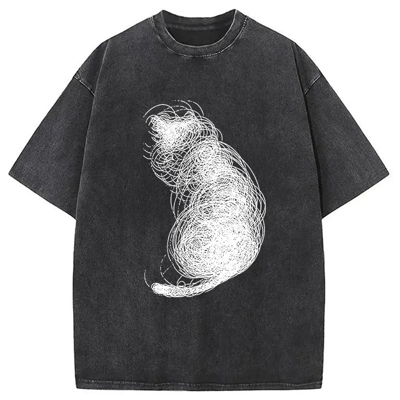Modecanvas Chaotic Line Art Of A Curled Cat DTG Printing Washed T-Shirt
