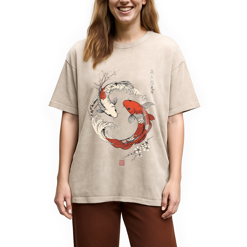 Modecanvas Koi Fish Cherry Blossoms Japanese DTG Printing Washed T-Shirt