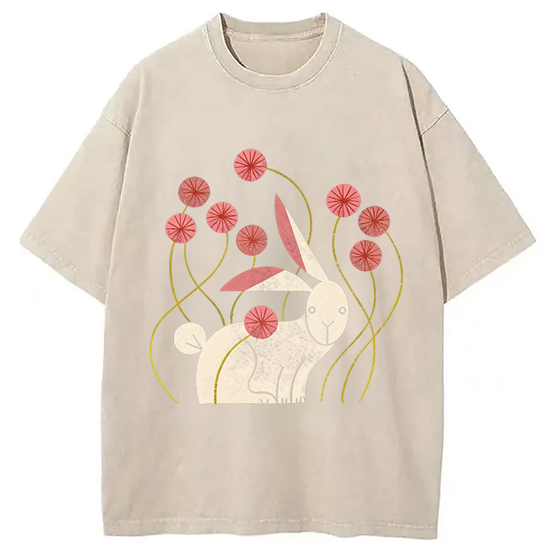 Modecanvas Rabbit and Wildflowers DTG Printing Washed T-Shirt