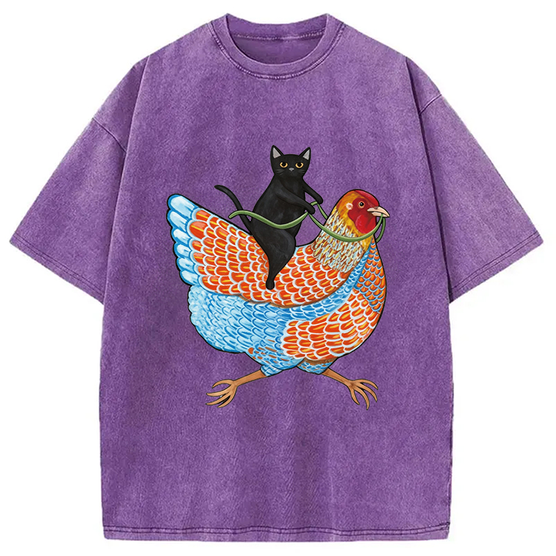Modecanvas Black Cat On a Wyandotte Chicken Washed T-Shirt-modecanvas