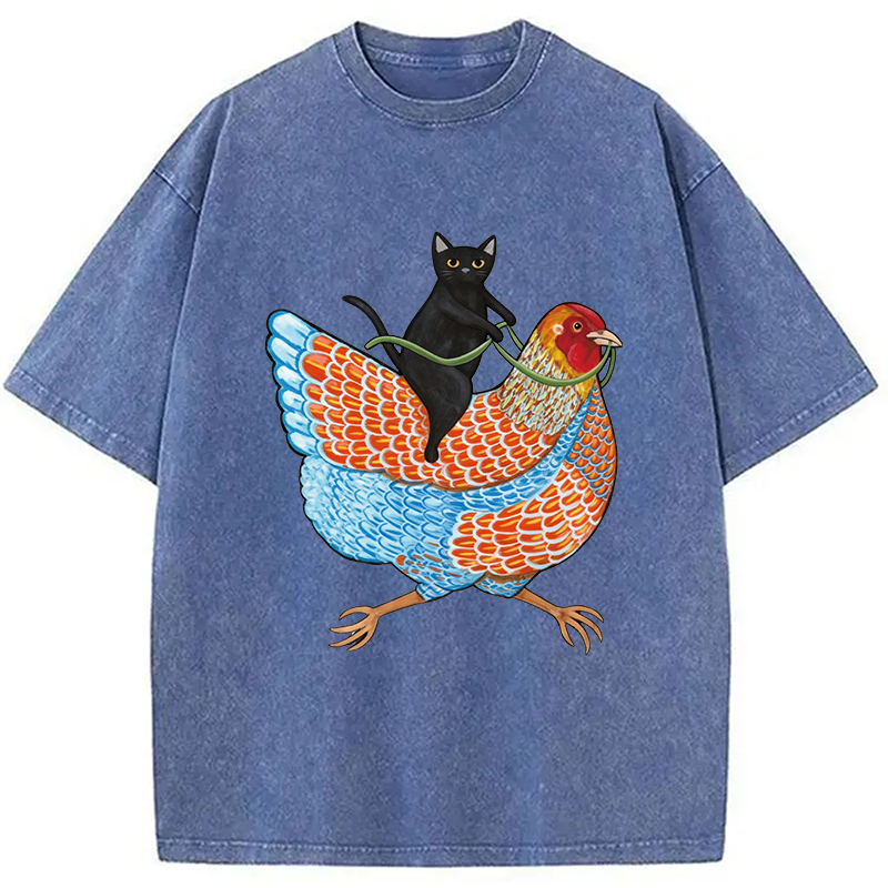 Modecanvas Black Cat On a Wyandotte Chicken Washed T-Shirt-modecanvas