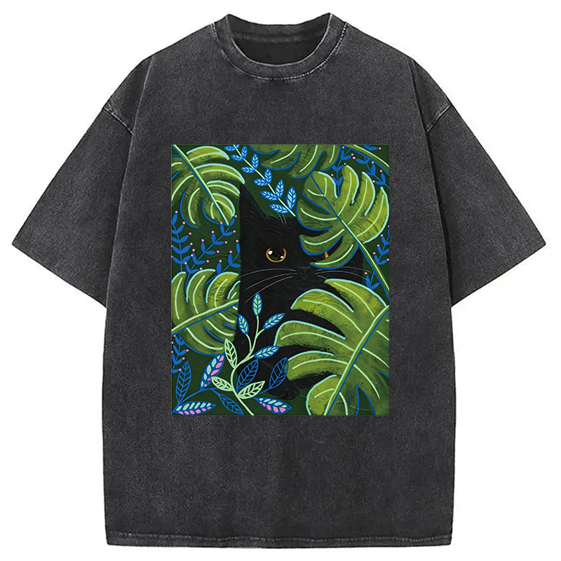 Modecanvas Cat In The Monstera DTG Printing Washed T-Shirt