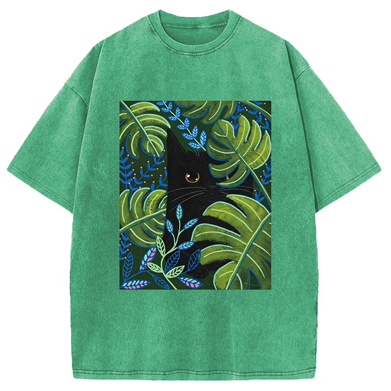 Modecanvas Cat In The Monstera DTG Printing Washed T-Shirt