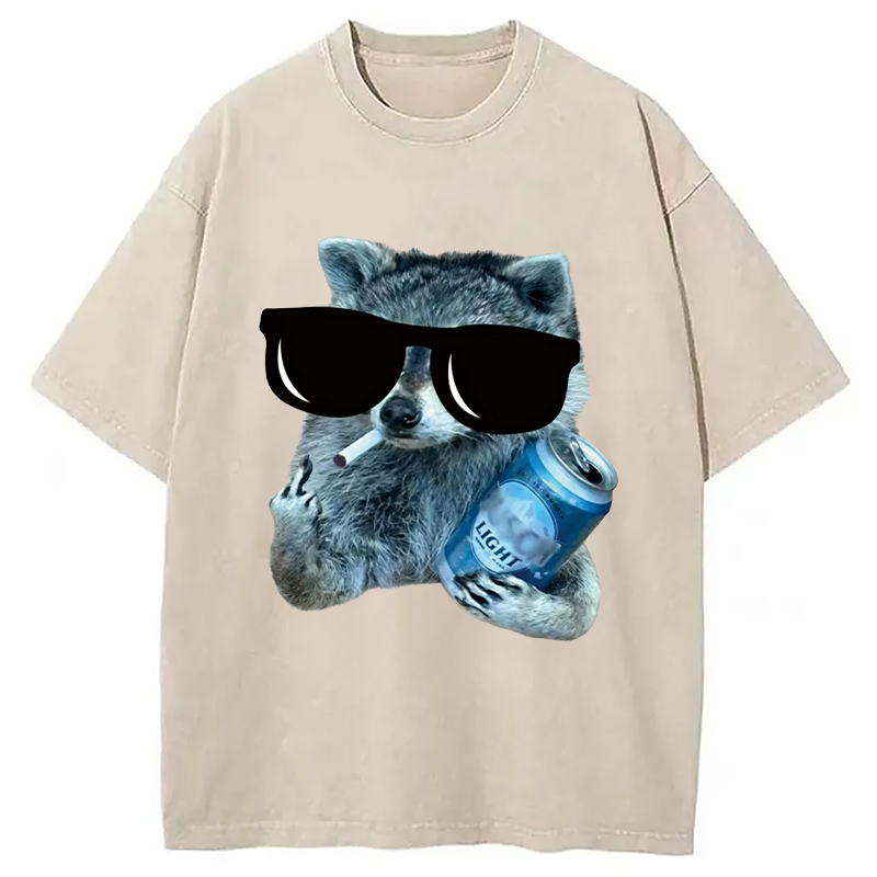 Modecanvas Raccoon Drinking Beer DTG Printing Washed T-Shirt