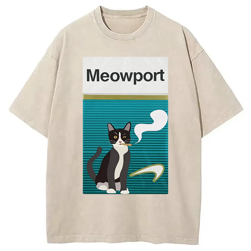 Modecanvas Meowport Funny Cat DTG Printing Washed T-Shirt