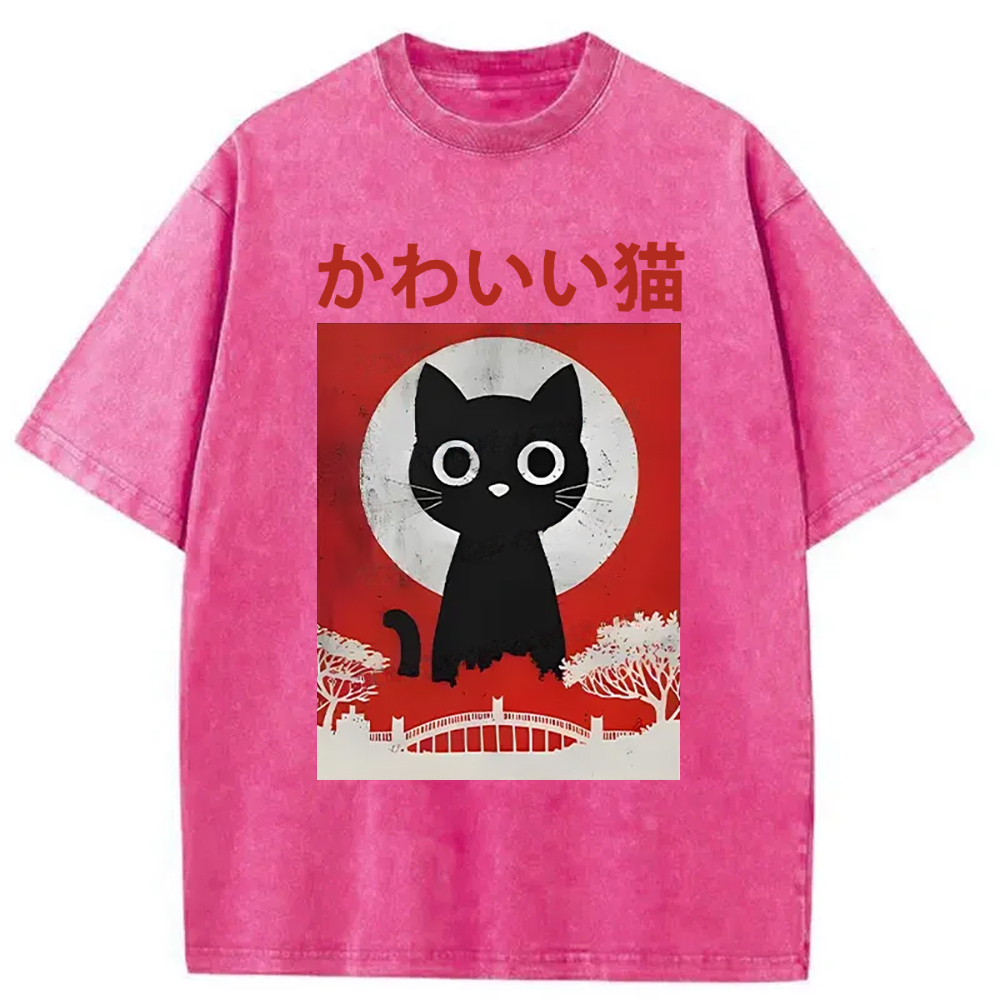 Modecanvas Cute Retro Cat Washed T-Shirt