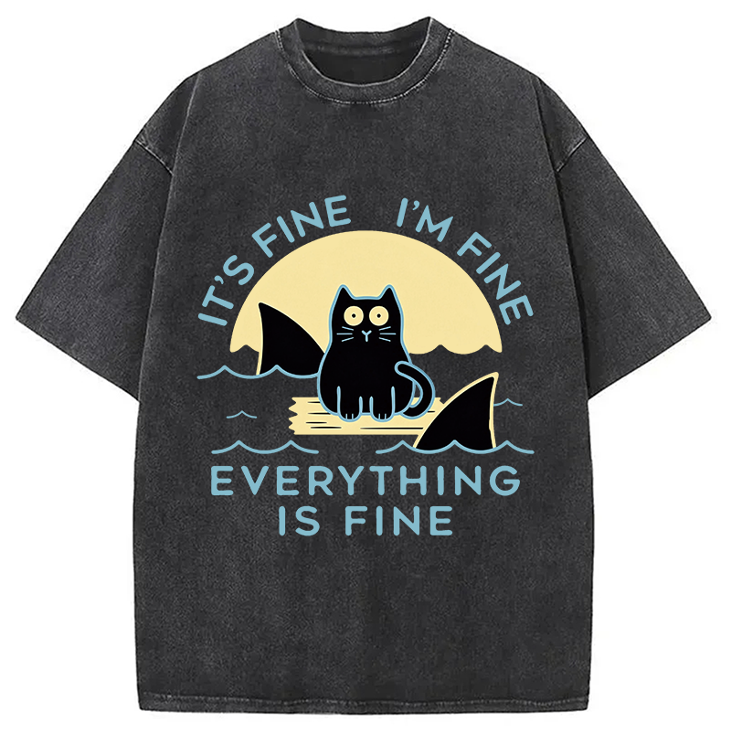 Modecanvas Everything Is Fine Cat Sea DTG Printing Washed T-Shirt