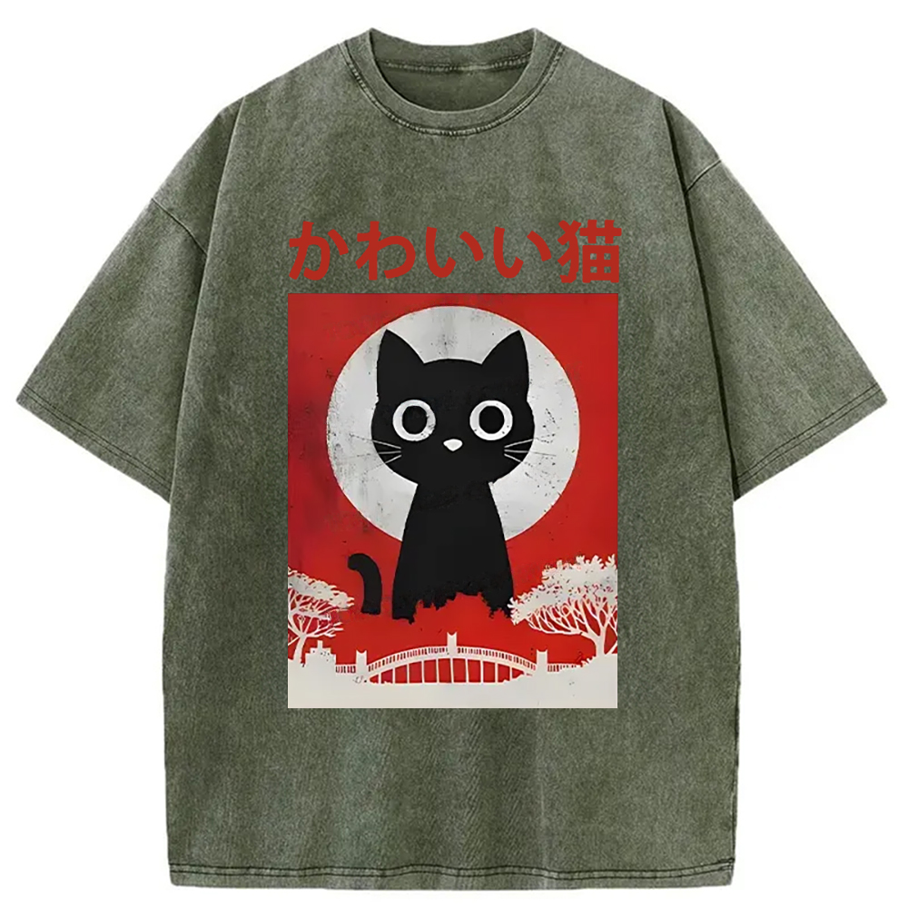 Modecanvas Cute Retro Cat Washed T-Shirt